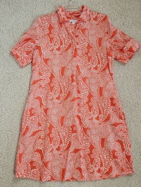 Chicos Linen Dress Orange Popover Paisley Pockets US 8 M Coastal Beach Womens
